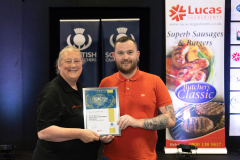 FREE TO USE PHOTOGRAPH....Scottish Craft Butcher Trade Fair 2023.
Daniel West of Morgerleys Butchers, Dumfries South West of Scotland Pork Link Sausage Champion presented with his certificate by Judith Johnson of Sponsors Lucas
For further info please contact Maureen Young on 07778 779888
Picture by Graeme Hart.
Copyright Perthshire Picture Agency
Tel: 07990 594431
