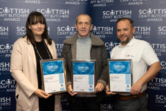 Scottish Craft Butchers Regional Meeting Elgin.... 25.10.23
Scottish Craft Butcher Awards 2023, Lynsey MacLeod and Sinclair Carter from Fraser Brothers in Dingwall pictured with their Silver Awards in both the Speciality Meat Pie Traditional Steak Pie Awards with Simon Coles from sponsors Dalesman.
Picture by Graeme Hart.
Copyright Perthshire Picture Agency
Tel: 07990 594431