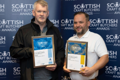 Scottish Craft Butchers Regional Meeting Elgin.... 25.10.23
Scottish Craft Butcher Awards 2023, Kenny Milne (left) from H&S Milne Butchers pictured with his Silver Award in the Speciality Meat Pie Awards and Gold Award in the Traditional Steak Pie Awards with Simon Coles from sponsors Dalesman.
Picture by Graeme Hart.
Copyright Perthshire Picture Agency
Tel: 07990 594431