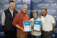 Scottish Craft Butchers Regional Meeting Perth.... 26.10.23
Scottish Craft Butcher Awards 2023, pictured from left, sponsor Jason Ward from John Scott Meats with Derek Mackintosh and Gayle Macnamara from Hopetoun Farm Shop with their Silver Awards in both the Speciality Meat Pie Awards and the Traditional Steak Pie Awards and Simon Coles from sponsors Dalesman.
Picture by Graeme Hart.
Copyright Perthshire Picture Agency
Tel: 07990 594431