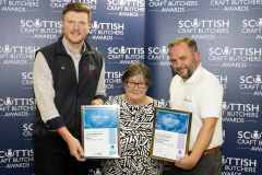 Scottish Craft Butchers Regional Meeting Perth.... 26.10.23
Scottish Craft Butcher Awards 2023, Joan Shepherd from Leuchars Butchers pictured with her Silver Award in the Speciality Meat Pie Awards and East of Scotland Regional Champion Award in the Traditional Steak Pie Awards with Simon Coles from sponsors Dalesman.
Picture by Graeme Hart.
Copyright Perthshire Picture Agency
Tel: 07990 594431