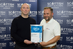 Scottish Craft Butchers Regional Meeting Perth.... 26.10.23
Scottish Craft Butcher Awards 2023, David Thompson from Thomas Johnston Butchers pictured with his Silver Award in the Traditional Steak Pie Awards with Simon Coles from sponsors Dalesman.
Picture by Graeme Hart.
Copyright Perthshire Picture Agency
Tel: 07990 594431