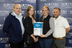 Scottish Craft Butchers Regional Meeting Perth.... 26.10.23
Scottish Craft Butcher Awards 2023, David Constable, Isla Thompson and Wendy Donald from Wendy Donald Family Butchers pictured with their Silver Award in the Traditional Steak Pie Awards with Simon Coles from sponsors Dalesman.
Picture by Graeme Hart.
Copyright Perthshire Picture Agency
Tel: 07990 594431