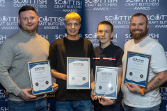Scottish Craft Butchers Scottish Beef Slice Sausage Championship 2024 and Make It With Pork Championship 2024.
The team from Kinnaird Butcher Shop & Deli pictured with their Gold and Silver Awards, from left, Stewart Fotheringham, Joshua Buchanan, Ryan Powell and Karl Heaton
Picture by Graeme Hart.
Copyright Perthshire Picture Agency
Tel: 07990 594431