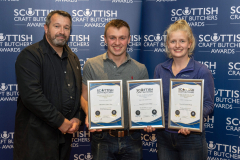 Scottish Craft Butchers Make It With Pork Championship 2024.
Luke Bennett and Shona Marshall from Marshall's Farm Shop pictured with their Gold and Silver Awards presented by sponsor Karl Watson (left) from Daziels.
Picture by Graeme Hart.
Copyright Perthshire Picture Agency
Tel: 07990 594431