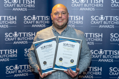 Scottish Craft Butchers Scottish Beef Slice Sausage Championship 2024 and Make It With Pork Championship 2024.
Ross Neilson of Ross Neilson Butchers pictured with his Gold and Silver Awards
Picture by Graeme Hart.
Copyright Perthshire Picture Agency
Tel: 07990 594431