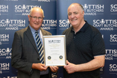 Scottish Craft Butchers Awards, Laichmoray Hotel, Elgin.   22.05.24
Alistair Bruce from Bruce of the Broch Butchers pictured receiving his North of Scotland Scottish Beef Link Sausage Champion certificate from Jim Mitchell from sponsors Dalziel.
Picture by Graeme Hart.
Copyright Perthshire Picture Agency
Tel: 07990 594431