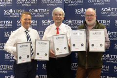 Scottish Craft Butchers Awards, Perth   23.05.24
George Jarron (left) President of Scottish Craft Butchers and Ian MacVicar (centre) from sponsors Scotweigh pictured presenting Murray Lauchlan from David Comrie & Sons with their Silver Awards in the Home Cured Bacon Product competition.
Picture by Graeme Hart.
Copyright Perthshire Picture Agency
Tel: 07990 594431
