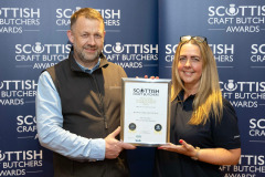 Scottish Craft Butchers Awards, Laichmoray Hotel, Elgin.   22.05.24
John Davidson from Davidsons Specialist Butchers pictured receiving his certificate from Jackie Gray of sponsors Scobvies Direct after being named North of Scotland Scottish Black Pudding Champion.
Picture by Graeme Hart.
Copyright Perthshire Picture Agency
Tel: 07990 594431