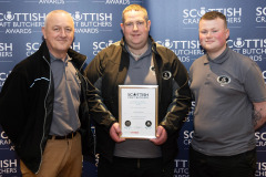 Scottish Craft Butchers Awards, Laichmoray Hotel, Elgin.   22.05.24
Frank Goodall, Gavin McIntosh and Ian Whyte from IJ McIntosh Butchers pictured with their Silver Award in the Home Cured Bacon Product competition.
Picture by Graeme Hart.
Copyright Perthshire Picture Agency
Tel: 07990 594431