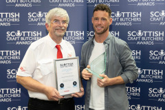 Scottish Craft Butchers Awards, Perth   23.05.24
Gavin Colquhoun from Kinnaird Butcher Shop & Deli pictured after winning the Diamond Award in the Home Cured Bacon Product competition pictured with Ian MacVicar from sponsors Scotweigh.
Picture by Graeme Hart.
Copyright Perthshire Picture Agency
Tel: 07990 594431